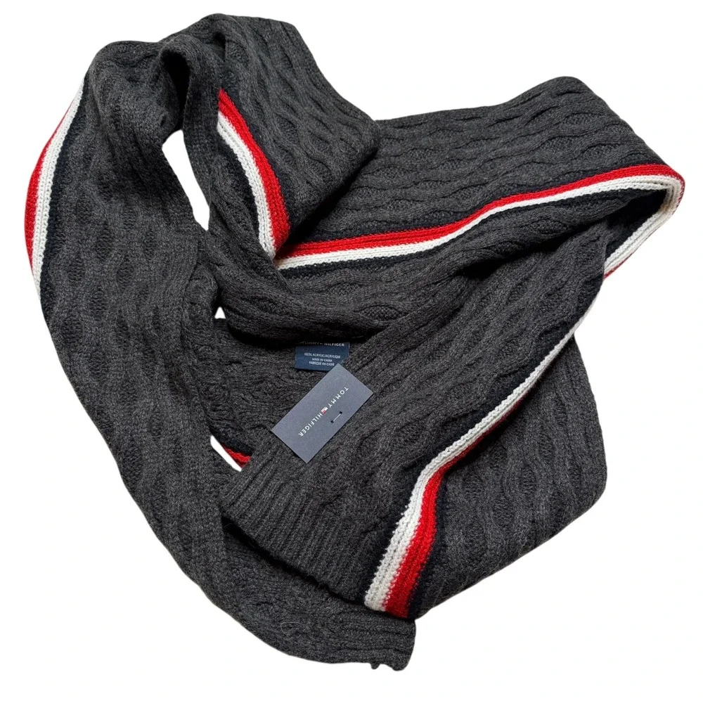Tommy Hilfiger Cable‎ Knit Ski Patrol Scarf Mens Gray Red White Striped NWT OS